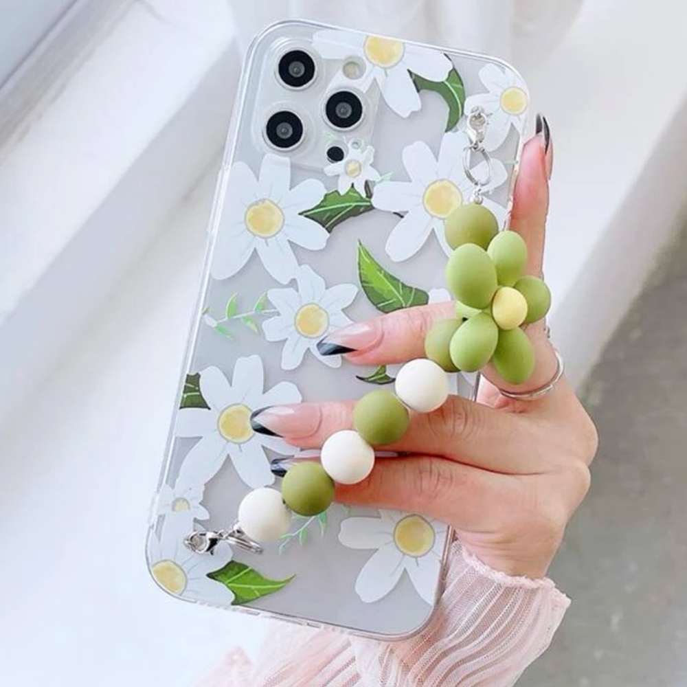IPhone 13 Pro Unique Green Floral Case with Beaded Hand Strap